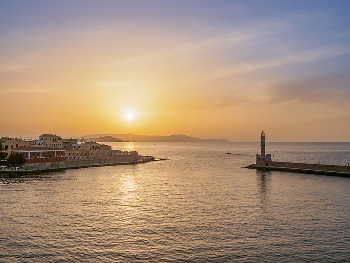 Venetian Harbour at sunset, elevated view, City of Chania, Crete, Greece Venetian Harbour at sunset, elevated view, City of Chania, Crete, Greek Islands, Greece, Europe, by Karol Kozlowski