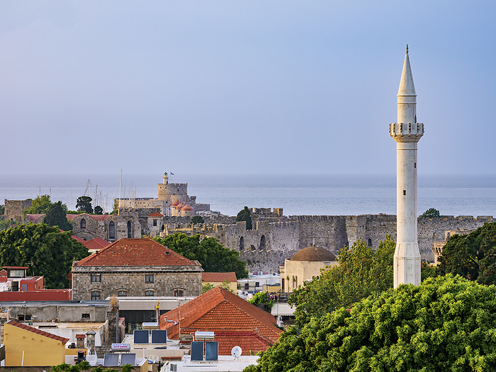 View over Ibrahim Pasha Mosque Minaret and Medieval Old Town towards Saint Nicholas Fortress, Rhodes City, Rhodes Island, Dodecanese, Greece View over Ibrahim Pasha Mosque Minaret and Medieval Old Town towards Saint Nicholas Fortress, Rhodes City, Rhodes Island, Dodecanese, Greek Islands, Greece, Europe, by Karol Kozlowski