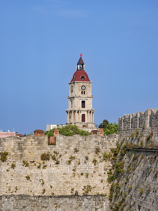 Defensive Wall and the Clock Tower, Medieval Old Town, Rhodes City, Rhodes Island, Dodecanese, Greece Defensive Wall and the Clock Tower, Medieval Old Town, Rhodes City, Rhodes Island, Dodecanese, Greek Islands, Greece, Europe, by Karol Kozlowski