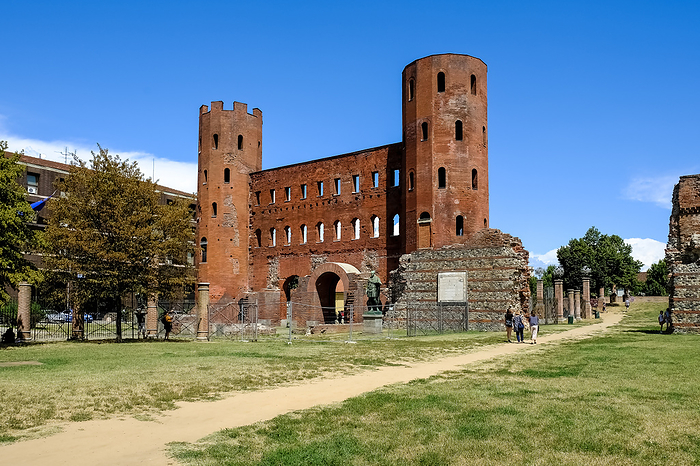 View of the Palatine Gate  Porta Palatina , a Roman era city gate in Turin, Italy. Serving as the Porta Principalis Dextra  Right Side Main Gate  of the ancient town, it granted entry through the walls of Julia Augusta Taurinorum from the North side. The Palatine Gate  Porta Palatina , a Roman era city gate, the Porta Principalis Dextra  Right Side Main Gate  of the ancient town, giving entry through the Julia Augusta Taurinorum walls from the North side, Turin, Piedmont, Italy, Europe, by MLTZ