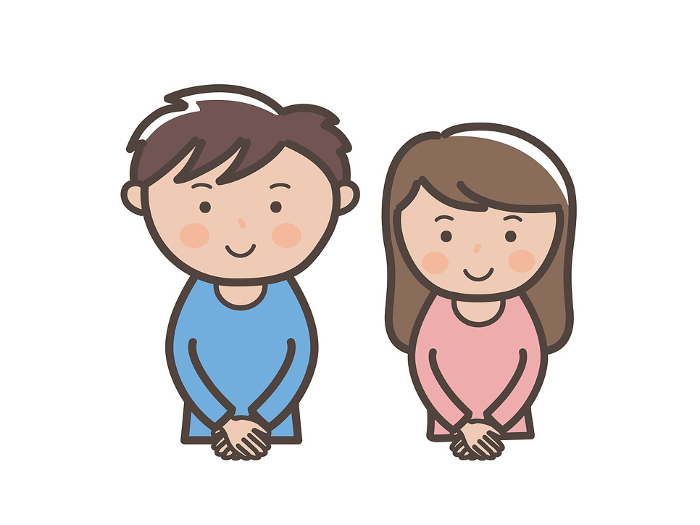 Illustration of upper body of a smiling young man and woman with hands crossed in front of them
