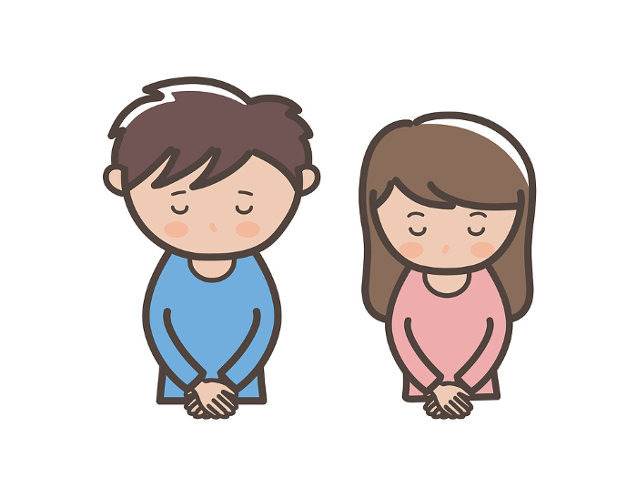 Illustration of the upper body of a young man and woman apologizing with their heads down.