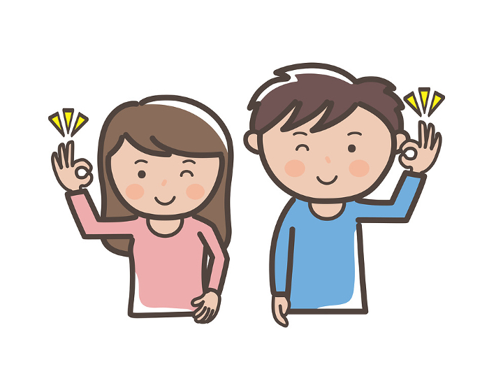 Illustration of upper body of young man and woman giving OK sign of understanding