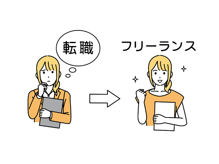 Illustration of a woman who is worried about changing jobs and becomes a freelancer from an office worker.