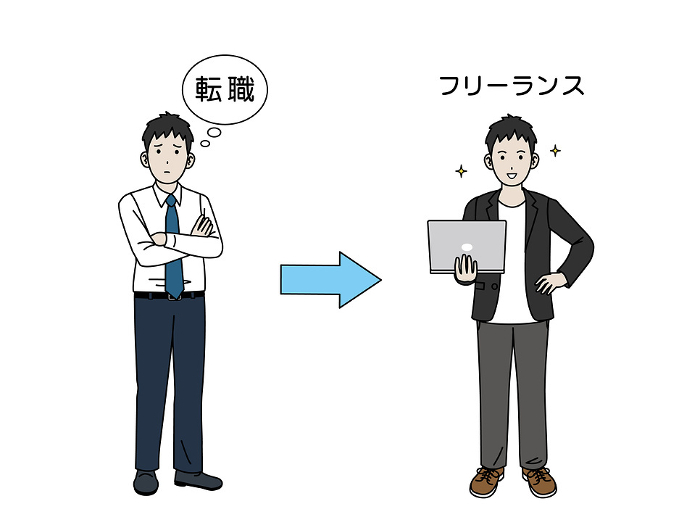 Illustration of a man who is worried about changing jobs and becomes a freelancer from an office worker.