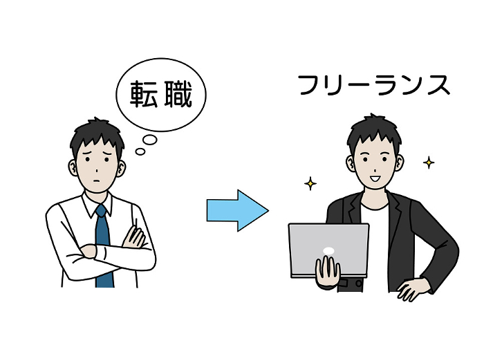 Illustration of a man who is worried about changing jobs and becomes a freelancer from an office worker.