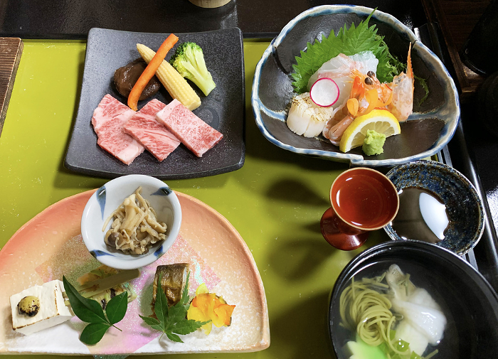 Kaiseki cuisine with sashimi and beef Wagyu steak