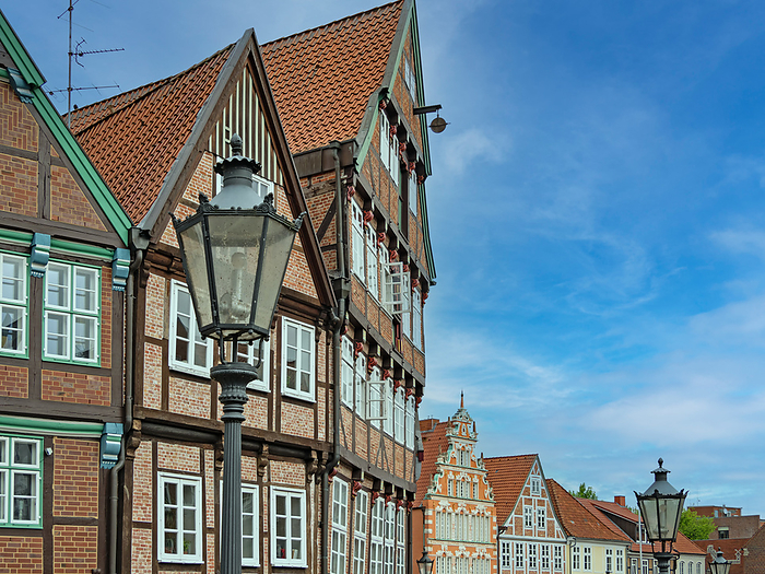 Gables of old houses and historical street lamps in the old town of the Hanseatic city of Stade, Low Gables of old houses and historical street lamps in the old town of the Hanseatic city of Stade, Low, by Zoonar Katrin May
