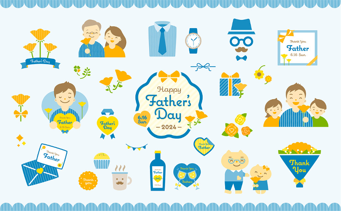 Cute and simple illustration of Father's Day with a set of flowers and gift-giving materials of family and roses.