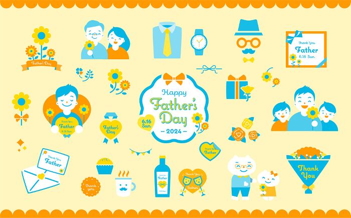 Cute simple illustration and frame for Father's Day with family and roses flowers and gifts gift material_yellow