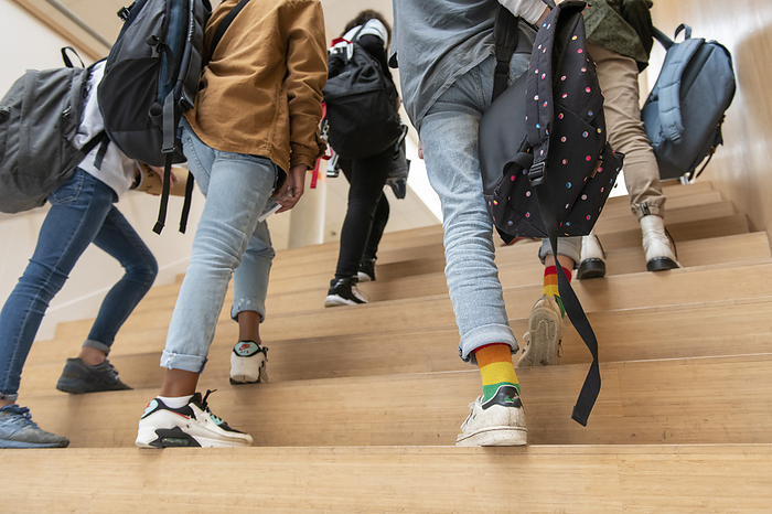 Voortgezet onderwijs teenage students walking through the school to their next class