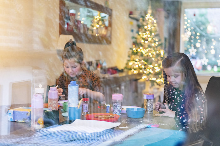 gezin tijdens kerstvakantie Young sisters decorating Christmas paintings. Christmas Tree and lights in the background