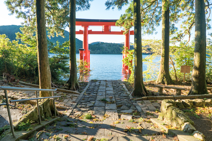 Background material: Wooden bridge flooring Red torii gate of Hakone Shrine