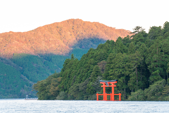 Background Material Wooden Bridge Flooring Lake Ashi and Hakone Shrine Red Torii