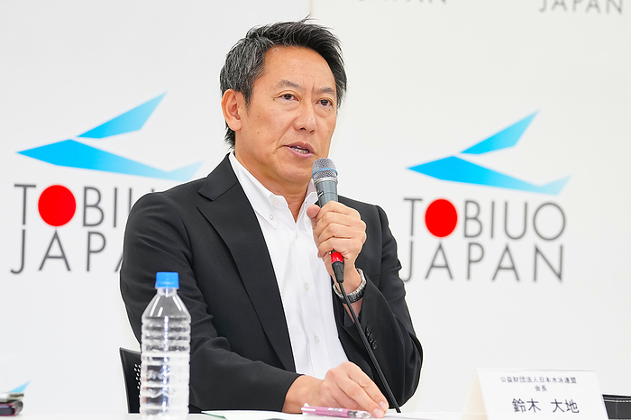 Athletes confirmed for Japan s national swimming team for the Paris Olympics press conference  Swimming Olympic team press conference Daichi Suzuki, Chairman of the Board of Directors, answers questions  Photo by Tomomi Aizu .