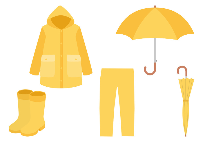 Set of illustrations of yellow umbrellas and rain gear