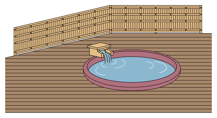 Japanese open-air guest room with source hot spring ceramic bath Simple illustration Vector