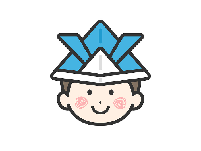 Illustration of a boy wearing a helmet made of origami paper (line drawing color)