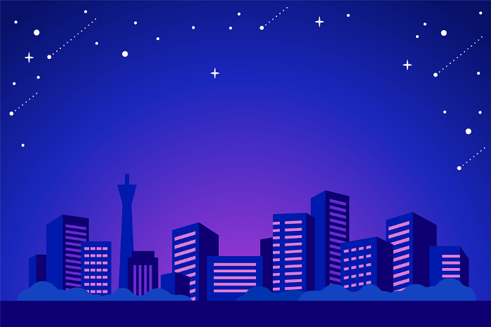 Scenery of starry sky and cityscape at night