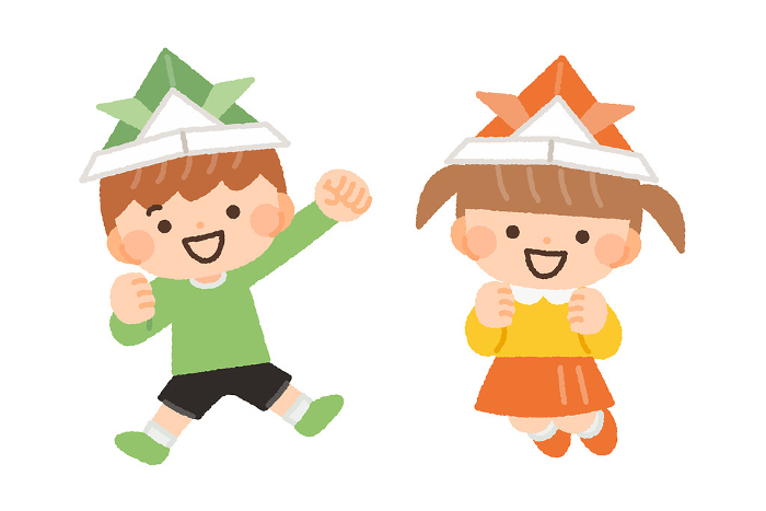 Clip art of cheerful children wearing paper craft helmets