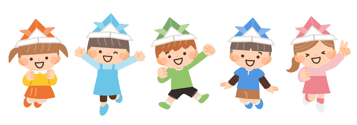 Clip art of cheerful children wearing paper craft helmets