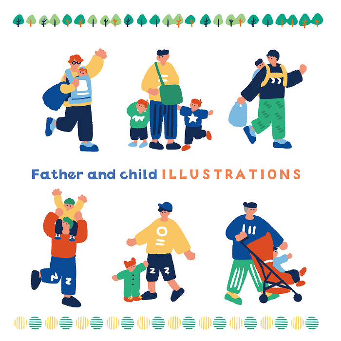 Simple and flat set of illustrations of fathers raising children.