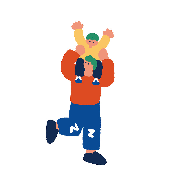 Simple and flat illustration of a father riding on the shoulder.