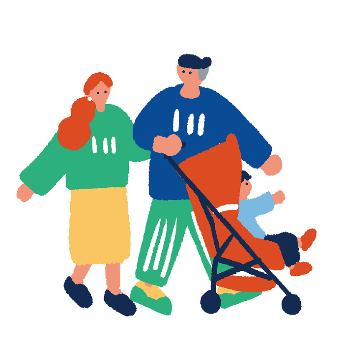 Simple, flat illustration of a father taking a walk in a stroller.