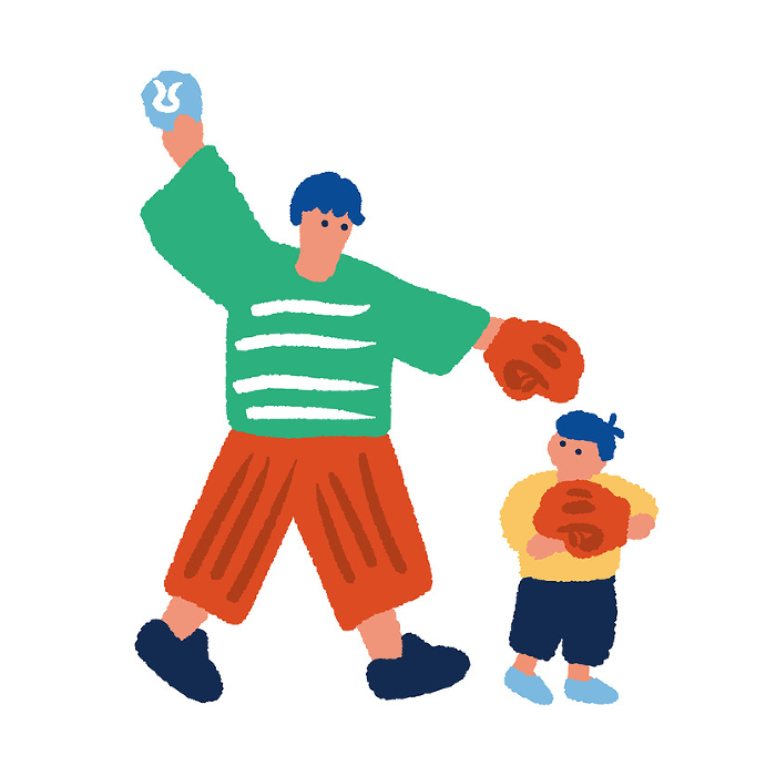 Simple, flat illustration of a parent and child playing catch.