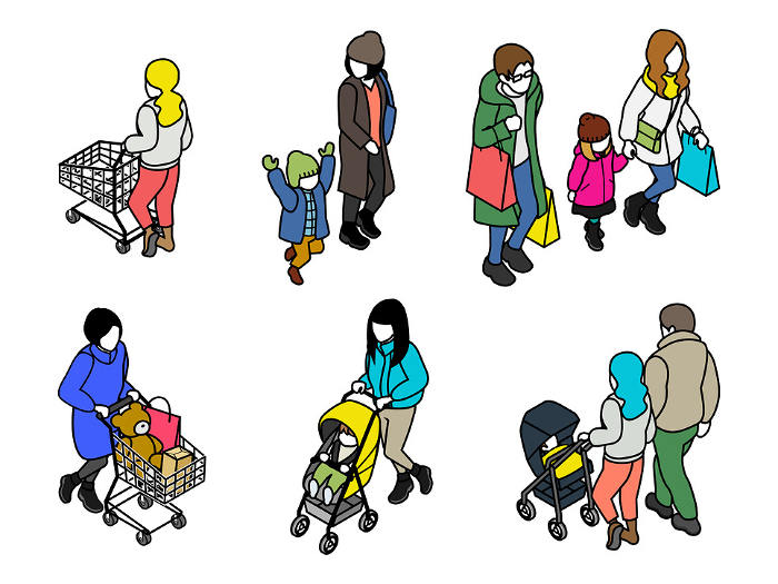 Isometric figure set shopper stroller family