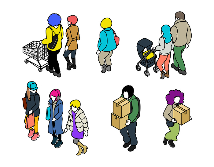 Set of isometric figures Shoppers Carrying cardboard boxes Stroller