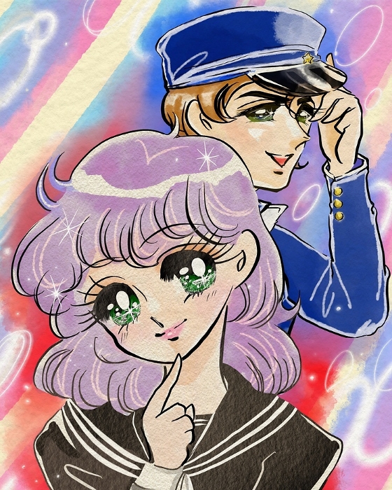 Vertical illustration of a cover of a 70's girls' manga in the style of adolescent romantic comedy