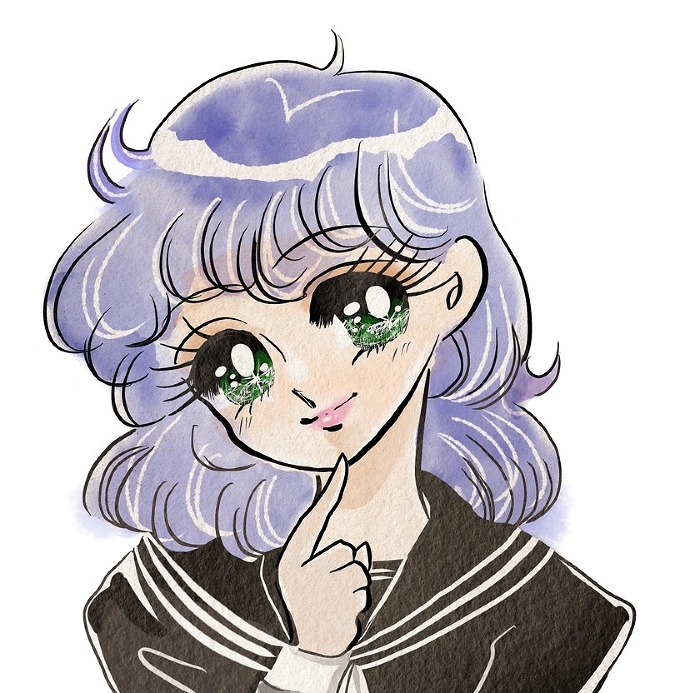70's style shoujo manga color illustration of the main character in a sailor suit tilting her head and wondering.