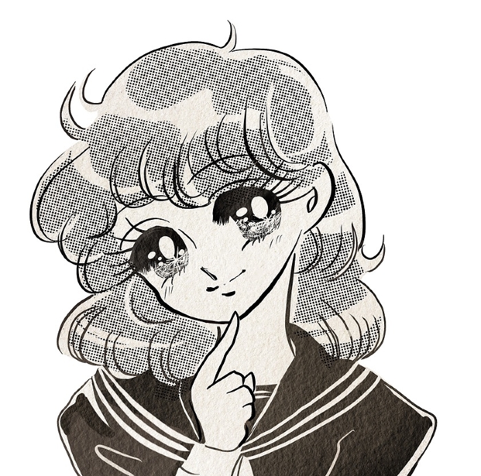 Black and white illustration of a 70's style girl's manga with a protagonist in a sailor suit tilting her head and wondering.