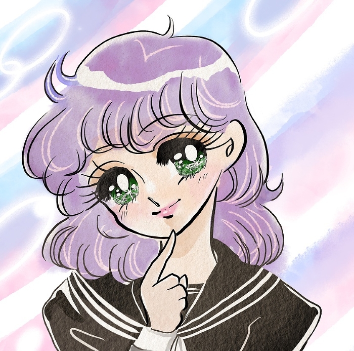 70's style shoujo manga color illustration of the main character in a sailor suit tilting her head and wondering.