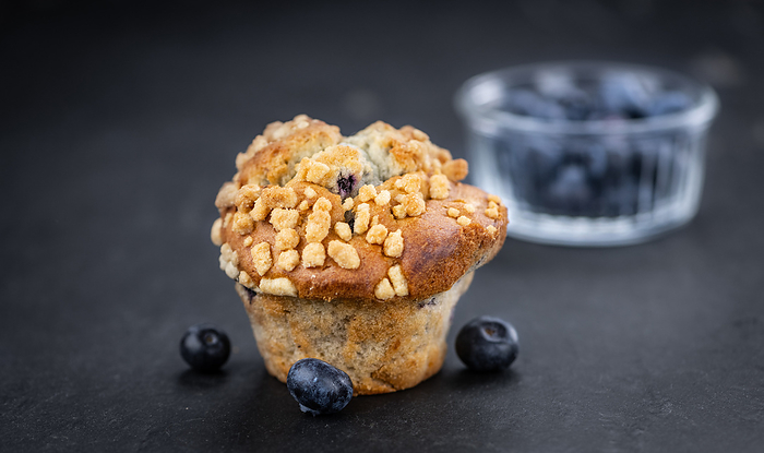 Fresh made Blueberry Muffins on a slate slab  close up shot  selective focus  Fresh made Blueberry Muffins on a slate slab  close up shot  selective focus , by Zoonar Christoph Sch