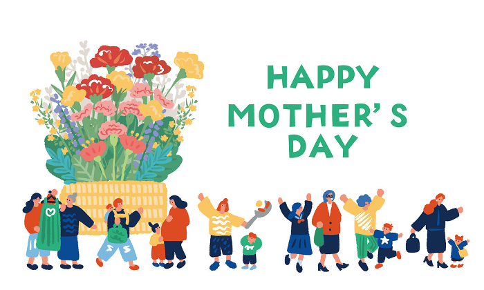 Mother's Day ad design illustration of a parent and child and carnations