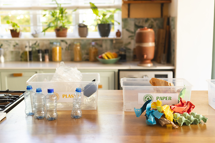 Recycling bins are neatly organized on a kitchen counter. The clear separation of plastic and paper waste demonstrates eco-friendly practices at home unaltered.