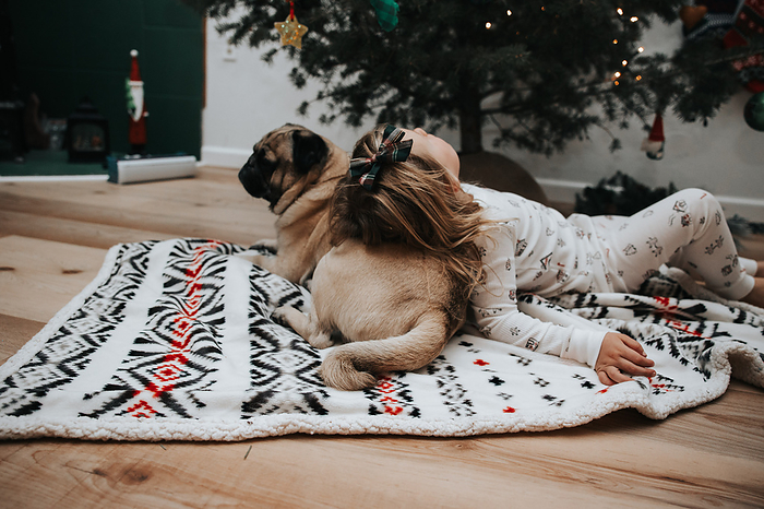 Cute girl in Christmas pajamas with pug pillow, by Cavan Images / Mandi Swandal Photography