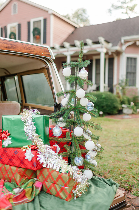 Vintage Jeep with Christmas Gifts and Christmas tree., by Cavan Images / Captured by Colson