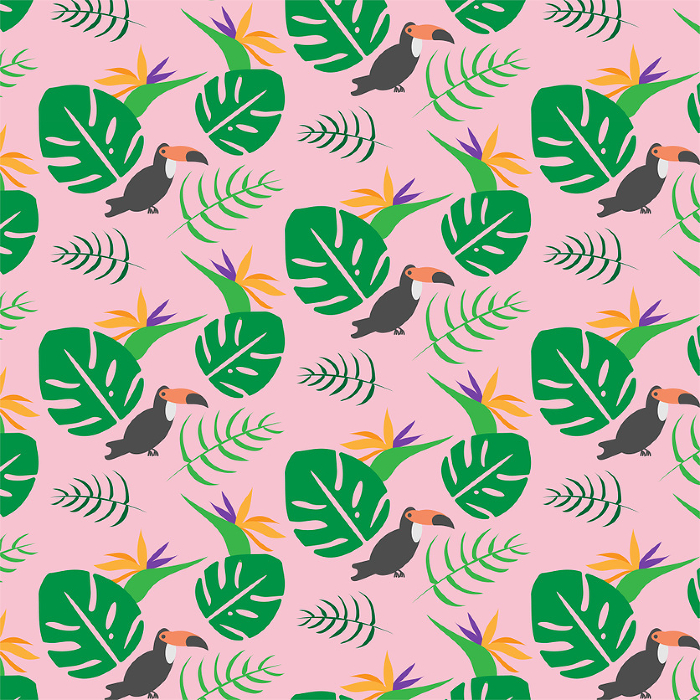 Tropical Seamless Background of Monstera, Areca Palm Leaves and Birds