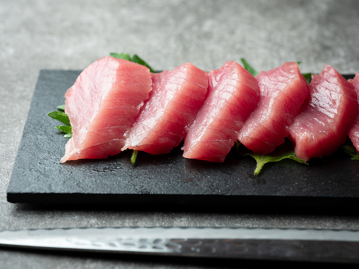 Tuna, medium fatty tuna sashimi and sashimi knife