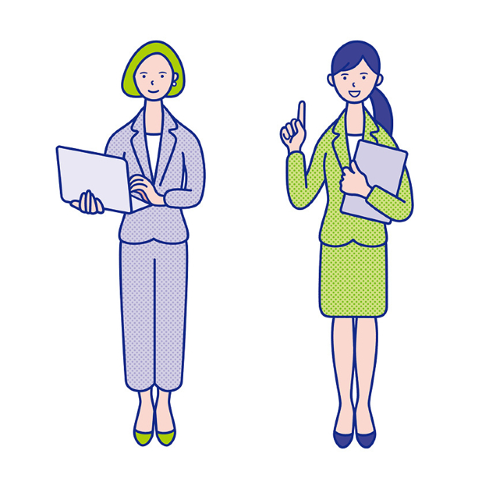 Full body clip art of woman with laptop computer and document file [set].