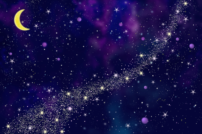 Clip art background of starry sky of crescent moon and milky way