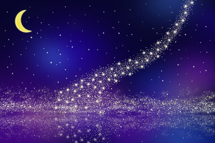 Clip art background of starry sky with crescent moon and milky way reflecting on lake surface