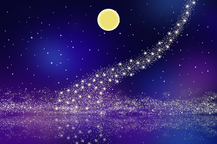 Clip art background of starry sky with full moon and Milky Way reflecting on the lake surface.