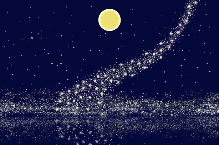 Clip art background of starry sky with full moon and Milky Way reflecting on the lake surface.