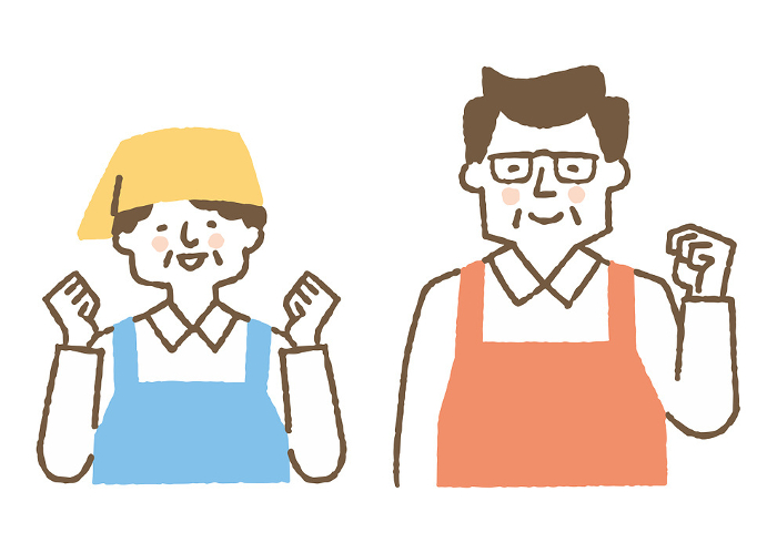 Men and women wearing aprons and working in the food industry_Color