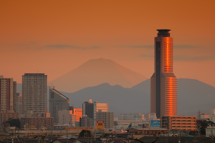 Fuji and Hamamatsu Act Tower at dawn Shizuoka Pref.