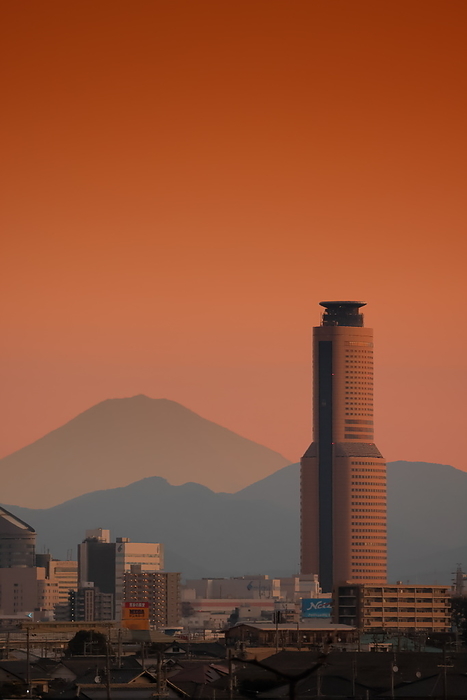 Fuji and Hamamatsu Act Tower at dawn Shizuoka Pref.